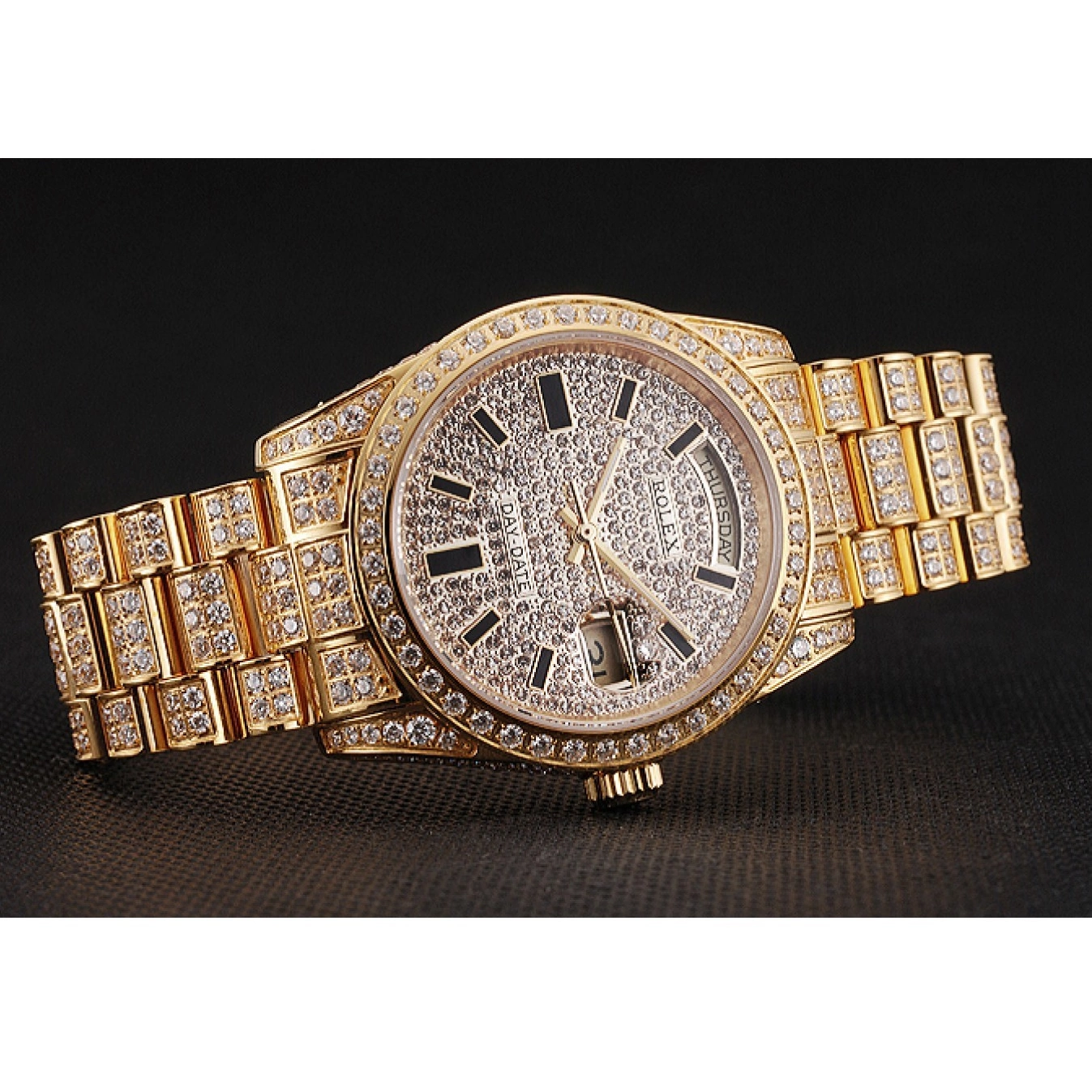 Rolex copies cheap Diamond Swiss Pave Full Yellow Rolex Date Gold Day 0525